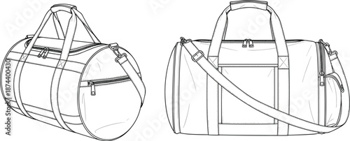 Travel duffel bag technical drawing front side view, cylindrical carry bag with handles shoulder strap zipper, sport luggage accessory design, flat vector, cad drawing flat vector