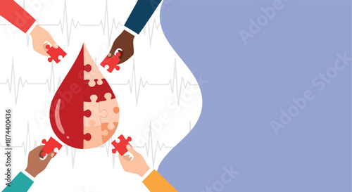 Blood donation as a collective act of life-saving with diverse hands assembling a vital fluid symbol on a medical pulse background