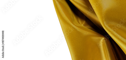 Billede på lærred Close-up of golden silk cloth with detailed texture, draped elegantly against a white background