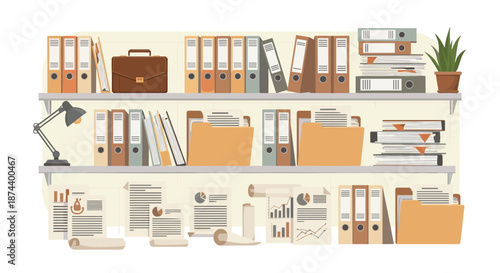 Contemporary office shelving unit filled with various administrative files, organized binders, folders, a briefcase, and a desk lamp graphic.