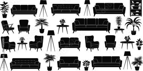 Living room furniture silhouette set featuring sofas, armchairs, tables, lamps, plants, and bookshelf, modern interior design elements, black vector icons isolated on white background