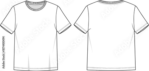 tshirt cad drawing flat vector template fashion technical shirt mockup apparel front back sketch garment design cotton clothing top