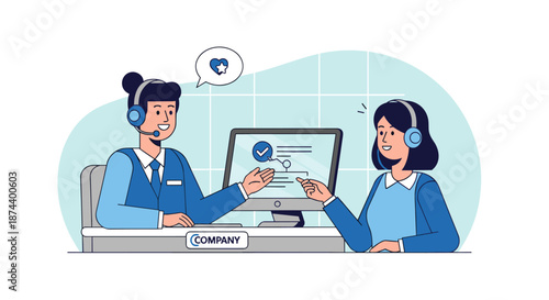 Two smiling support personnel offering virtual assistance and positive digital interaction.