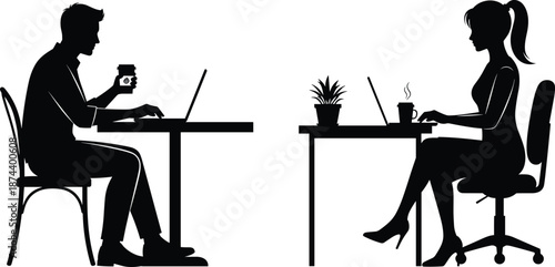 Man and woman working on laptops silhouette illustration showing office desks, coffee break and modern workplace concept isolated on white background