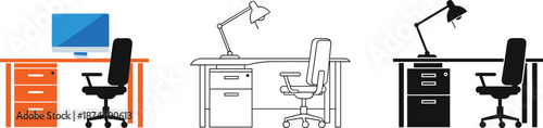 Office workspace illustration set showing modern desk setups with computer, chair, drawers and lamp, flat and outline styles, professional work environment isolated on white