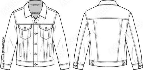 Western, denim, jacket, CAD, drawing, flat, vector, template, technical, fashion, illustration, front, back, long, sleeve, apparel, clothing, blueprint, design, diagram
