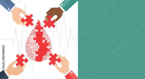 Diverse hands assemble puzzle pieces into a blood drop motif against a medical waveform background and solid color block for medical campaigns and