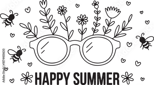 Happy Summer Greeting with Sunglasses and Bees Line Art eyewear
