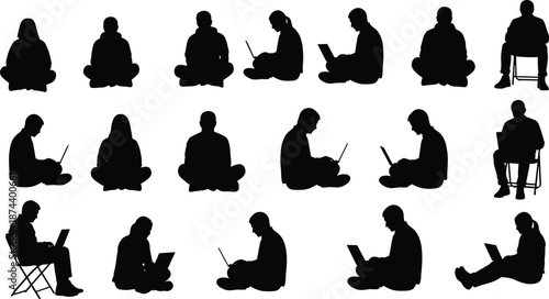 People using laptop silhouette mega set showing men and women sitting, cross legged and chair poses isolated on white background