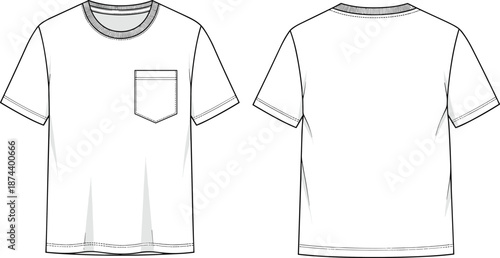 Men pocket t shirt technical sketch, front and back view, casual fashion apparel template, garment design, cad drawing flat vector