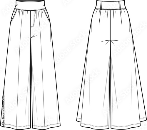 wide leg pants cad drawing flat vector template fashion technical trousers mockup apparel front back sketch garment design cotton clothing