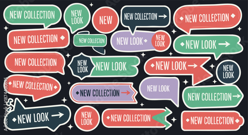 Bold and graphic new collection and new look speech bubble and banner set with stars and sparkles on a dark background announcing retail updates