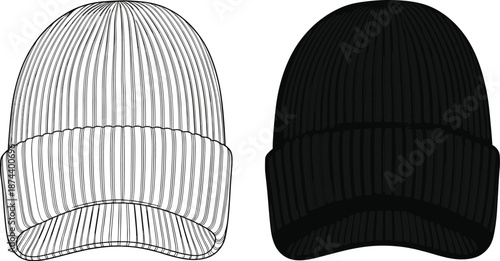 Winter knit beanie cap technical drawing front view, ribbed cuff warm hat accessory design, casual streetwear headwear fashion, flat vector, cad drawing flat vector
