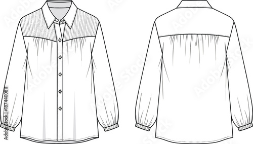 Women blouse technical drawing front back view, long sleeve button shirt apparel design with collar yoke details, clean outline, flat vector, cad drawing flat vector