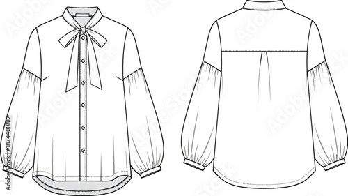 Women bow tie blouse technical sketch, front and back view, elegant fashion apparel template, garment design, cad drawing flat vector