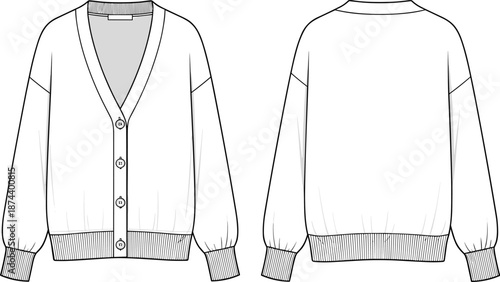 Women button front cardigan sweater technical fashion illustration front and back view, cad drawing flat vector for apparel design