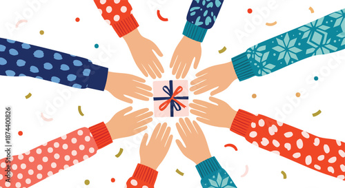 Hands reaching for a festive gift surrounded by colorful confetti in a celebratory gathering
