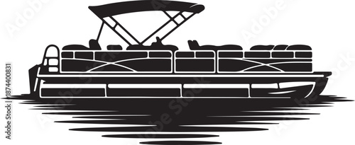 Silhouette of a pontoon boat with a canopy and seats on water watercraft vessel