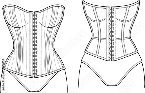Women corset technical drawing front back view, boned waist trainer lingerie design with hook closure, shapewear fashion garment, flat vector, cad drawing flat vector