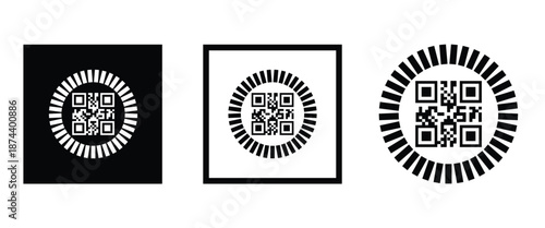 Three bold black square frames, each containing a classic black and white QR code pattern. Clean, minimalist vector design arranged horizontally on transparent background. Ideal for tech branding.