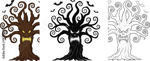 Spooky haunted tree illustration set featuring scary faces, twisted branches, bats, and horror fantasy style in color, silhouette, and outline versions isolated on white background