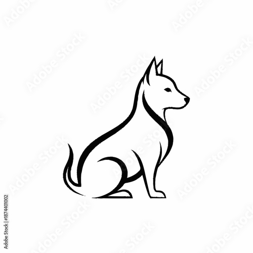 Minimalist black and white line art illustration of a sitting dog.