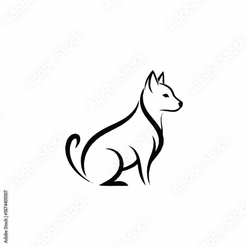 Minimalist black and white line art illustration of a sitting dog.