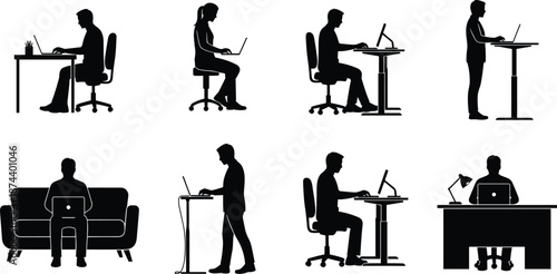 Office work posture silhouette set showing men and women sitting, standing desk, couch and workstation laptop use isolated on white background ergonomics concept