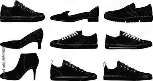Men and women footwear silhouette collection, casual sneakers formal heels boot set, fashion shoes vector illustration