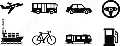 Transportation and travel icons set with airplane bus car bicycle ship train steering wheel and fuel pump symbols