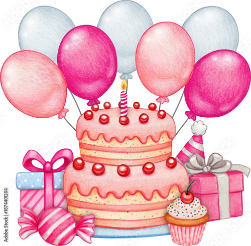 Watercolor hand drawn colorful birthday cake