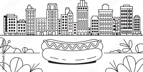 City Skyline with Hot Dog and Foliage Outline Illustration Keywords: City, Skyline, Buildings, Architecture, Urban, Hot Dog, Food, Fast