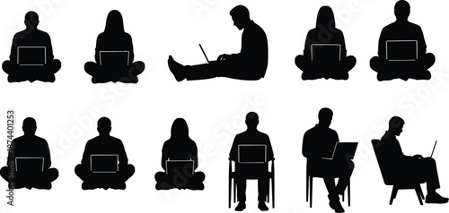 People using laptops silhouette set featuring men and women sitting cross legged and chairs isolated on white background work concept