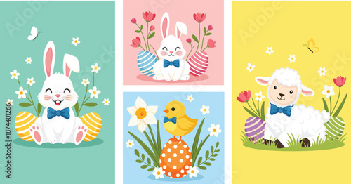 Cute Easter illustration set with bunny chick and lamb holding decorated eggs spring holiday cards vector