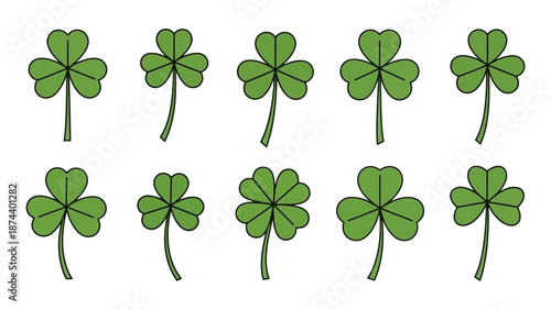 A collection of ten green shamrocks, with one featuring four leaves, set against a white background.