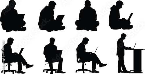 Man using laptop silhouette collection showing sitting, cross legged, office chair and standing desk positions isolated on white background work concept