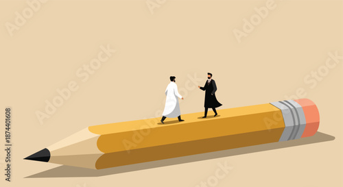 Two figures in formal attire engaging in dialogue while walking along a substantial graphite writing instrument set against a neutral backdrop