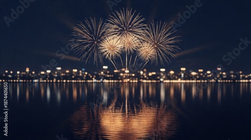 Bright Firework Display Over Cityscape Reflecting on Calm Water