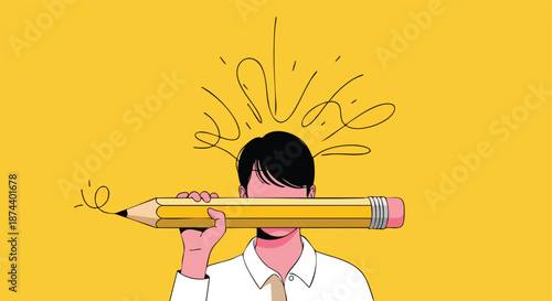 Person holding a giant pencil against a vibrant yellow background symbolizing creativity and brainstorming sessions