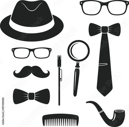 Vintage gentleman accessories set, black silhouette of hat glasses mustache and tie for retro fashion design