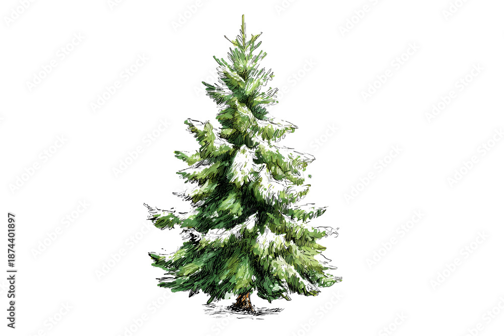 Fototapeta premium Snowy pine tree on black background for winter scenes