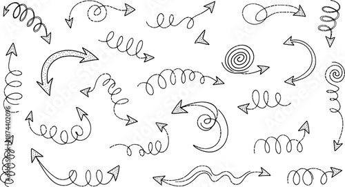 Hand Drawn Doodle Arrow Set with Decorative Swirls Spirals and Sketched Curly Lines in Black Ink Style for Creative Design Projects and Illustrations