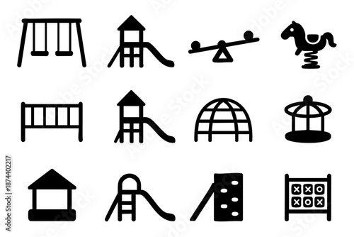 Playground and kids park silhouette icon set in minimal black and white outline style