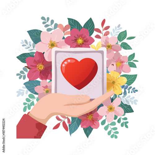 Hand with heart and floral decoration creates a romantic pink vector illustration for a Valentine greeting card or wedding gift design