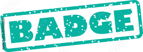 Grungy turquoise badge stamp with white spots on transparent background
