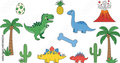Cute dinosaur cartoon illustration set with prehistoric animals volcano palm trees and playful elements vector