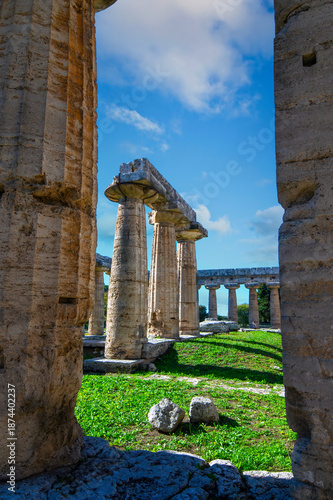 The ancient Greek temple of Hera in Paestum, Italy. Famous archaeological site of Paestum, Magna Graecia, ancient ruins.