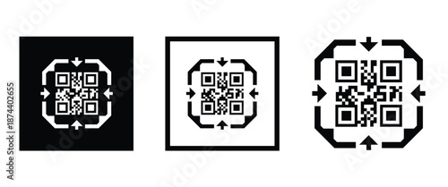 Three bold black square frames, each containing a classic black and white QR code pattern. Clean, minimalist vector design arranged horizontally on transparent background. Ideal for tech branding.