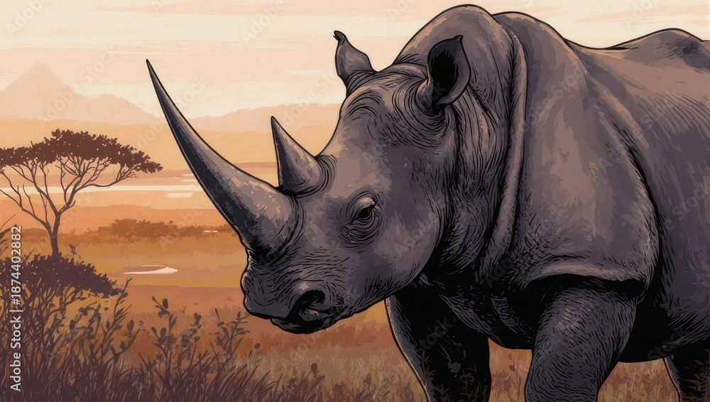 Fototapeta premium Majestic Black Rhino Portrait in African Savannah Illustration.