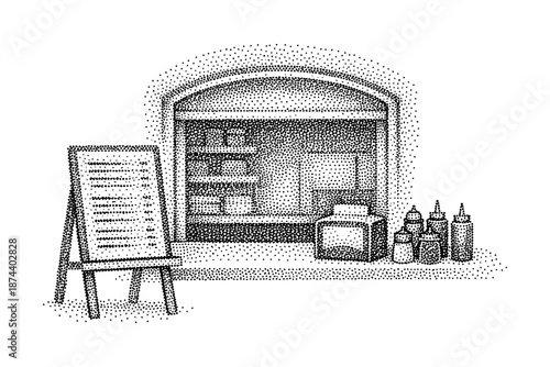 Vintage dot art of cozy artist studio with easel and supplies